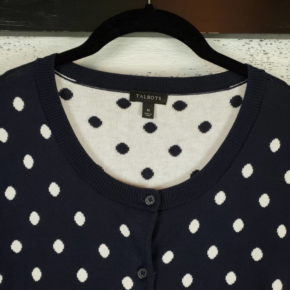 Talbots Navy with White Polka Dots Knit Sweater Button Front Cardigan - Picture 3 of 9